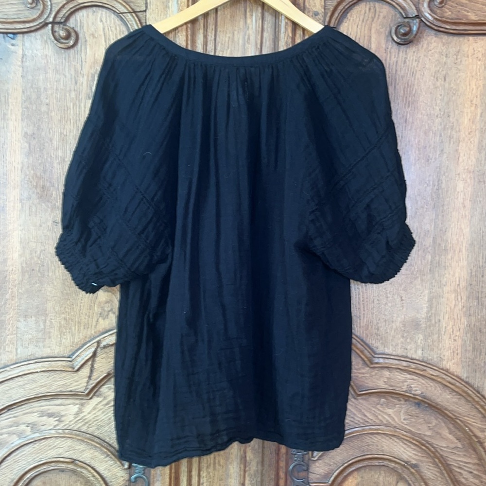 Sundays Colette Eyelet Puff Sleeve Blouse Top Womens 3 Black Cotton Tasseled - Picture 14 of 16